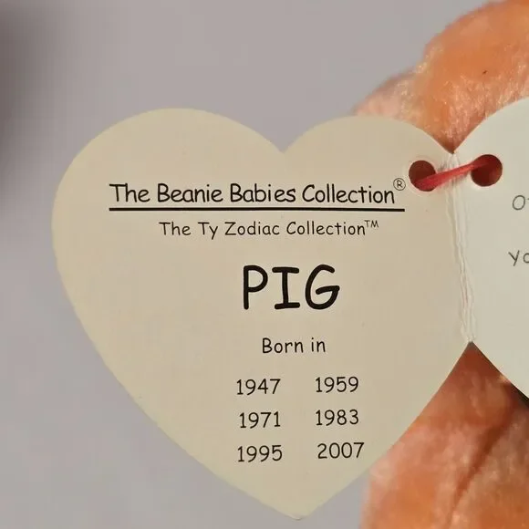 Vintage TY Zodiac Pig Plush | 7” Stuffed Animal | Peach & Fuchsia | 2000 Collect - Picture 7 of 9